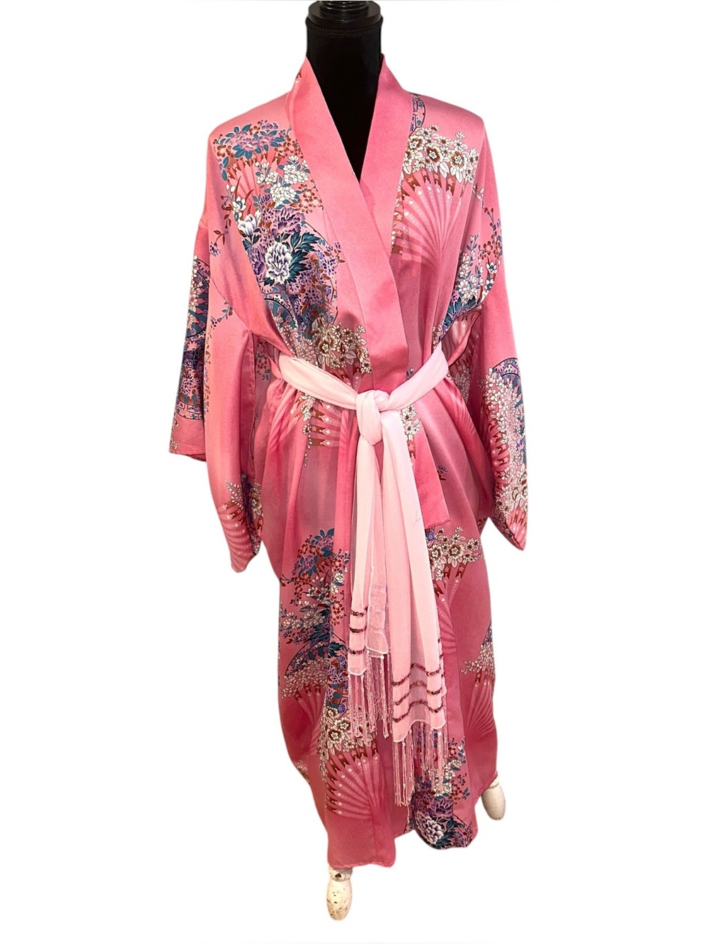 Vtg Marukyo Japanese Kimono Robe Duster Pink Floral Fan Pattern 48” Geisha